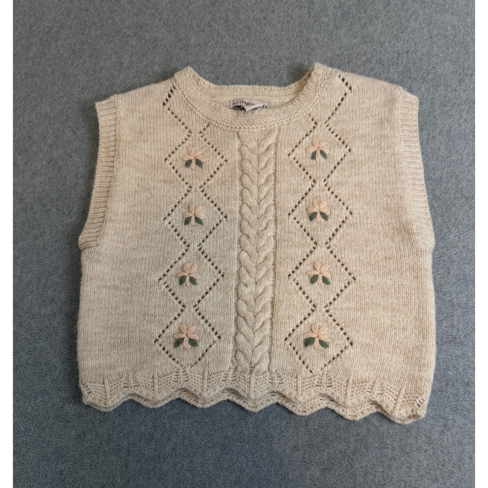 Sincerely Jules Women Cream Floral Embroidered Cable Knit Sweater Vest SIze S